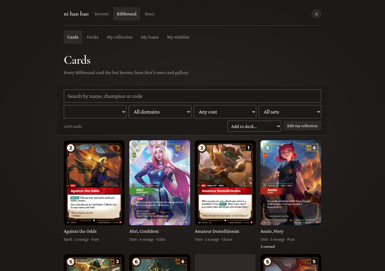 The Cards page